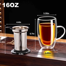 Baalaka Double Wall Glass Tea Cup With Stainless Steel Infuser and Lid, 16oz Borosilicate Glass Tea Mug, Tea Infuser for Loose Leaf Tea, Teas Gifts for Lovers
