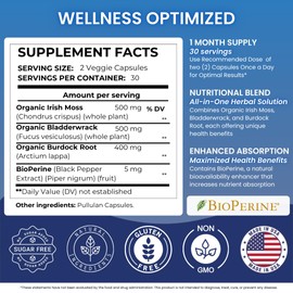 Nutra Guru Sea Moss - Non-GMO Organic Irish Sea Moss with BioPerine, 60 Capsules.