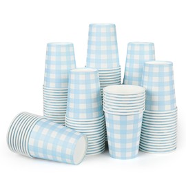 120pcs 9oz Gingham Party Paper Drinking Cups, Blue Disposable Plaid Paper Cups Checkered Cups for Wedding Birthday Decoration Fiesta Baby Shower Picnic