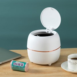 Plastic Trash can Creative Mini Desktop Trash can, with lid Small Home Office Cleaning Trash Button Desktop Storage bin, with 50 Trash Bags (White)