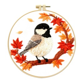 Zhenqing Black-Capped Chickadee Embroidery Kit for Beginners, Autumn Bird Needlework Craft with Pre-Printed Cotton Fabric, Hoop, Threads & Tools, Fall Decor (C0212)