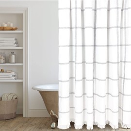 HALL & PERRY The Grid Ellis White and Black Fabric Stripes Luxury Washable Shower Curtain with Tassels - 100% Cotton Linen Cloth, 72" x 72" includes Curtain, Liner and Gold Ring Hooks