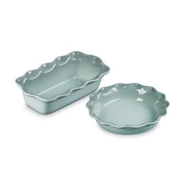 Le Creuset Stoneware Set of 2 9" Heritage Fluted Pie and 9" Fluted Loaf Dish, Sea Salt