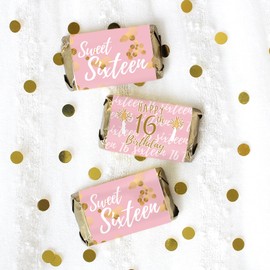 Pink and Gold Sweet 16 Birthday Party Mini Chocolate Candy Bar Wrappers, Pink Sweet Sixteen Party Favor Stickers - 42 Count