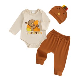 Socutebabe My First Thanksgiving Baby Boy Outfit Infant Little Turkey Hat Bodysuit Pants Newborn 1st Thanksgiving Outfits (My 1st Thanksgiving Brown, 0-3 Months)