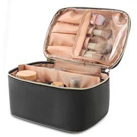 Portable Makeup Bag Cosmetic Bags for Women Medium Pouch Case Purse Make Up Organization Waterproof (Print Cow) - Color: Ebony Black