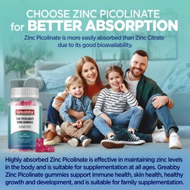 Zinc Gummies - Zinc Picolinate 50mg, Sugar Free, Highly Absorbable Zinc Picolinate Supplement for Kids & Adults, Support Growth, Immune Function, Skin Health, 60 Gummies