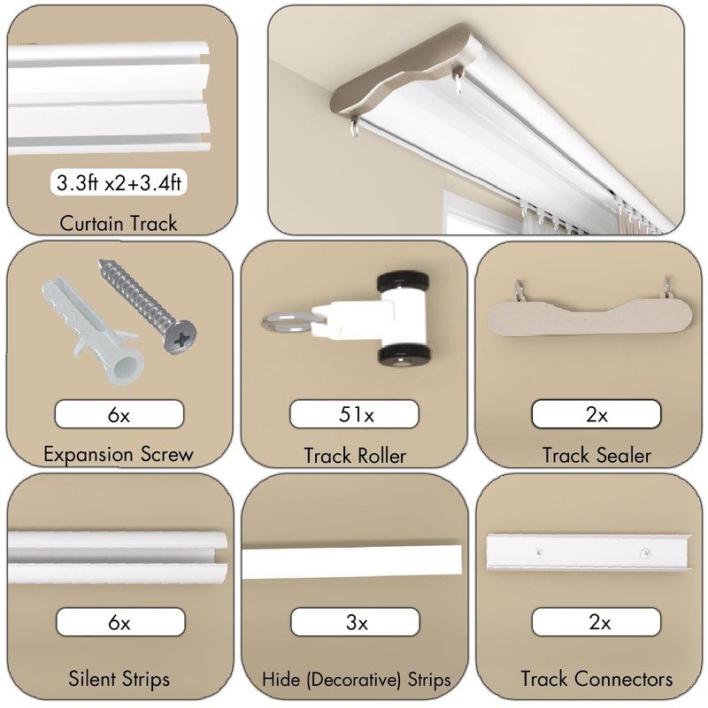 Silent Double Curtain Track Ceiling Mount 6'/8'/10'/12'/15', Wide 4" White