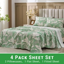Gogreen 100% Cotton Sheet Set California King Size, Green Floral, 4PC Set, Breathable Bed Sheet for Hot Sleeper and Night Sweats, Deep Pocket Up to 16 Inches