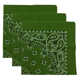MexART Bandana, Set of 3, 100% Cotton, Large 22" x 22", Western Style, Paisley Print, Made in USA (Green)
