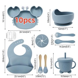 10pcs Kit de alimentación de bebé de silicona Productos de destete guiados para bebés Separe el plato y la taza de tinte con una cuchara en el recipiente de aperitivos para bebés (Grey blue)