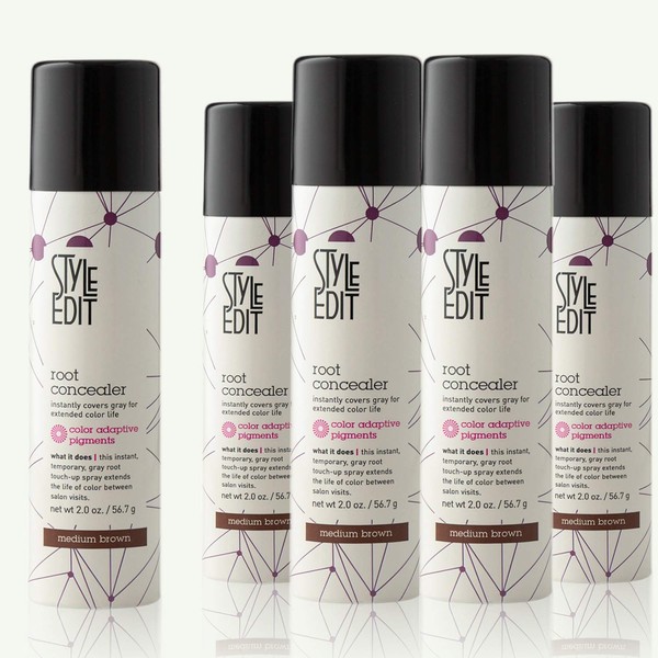 Style Edit Medium Brown root concealer touch up spray instantly covers greys and dark roots - professional salon quality hair 5 pack