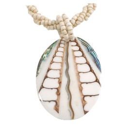 Oval Shell Pendant Antique White Glass Bead Twisted Rope Necklace in White/Abalone Colours - 44cm Long