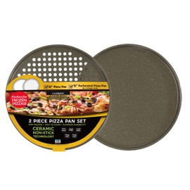 casaWare 2pc Ultimate Pizza Pan Set, (1) Ceramic Coated NonStick 12-inch Pizza Pan, (1) 12-inch Ceramic Coated NonStick Perforated Pizza Pan (Silver Granite)