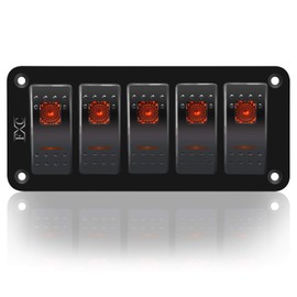 FXC Rocker Switch Aluminum Panel 5 Gang Toggle Switches Dash 5 Pin ON/Off 2 LED Backlit for Boat Car Marine Orange
