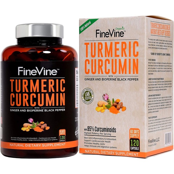 Turmeric Curcumin with BioPerine Black Pepper and Ginger - Made in USA - 120 Vegetarian Capsules for Advanced Absorption, Cardiovascular Health, Joints Support and Anti Aging Supplement