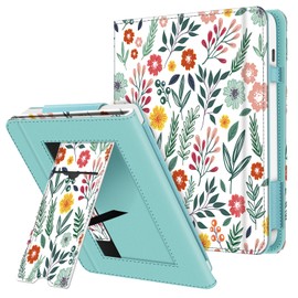Fintie Case for Tolino Vision Color (2024)/Vision 6 (2021) & Kobo Libra Colour (2024)/Libra 2 (2021) 7 Inch - Kickstand Case with Card Slot Wrist Strap and Auto Sleep/Wake, Spring Flower