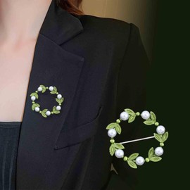 Iaceble Pearl Leaf Brooch Pin Green Wreath Brooches Scarf Button Buckle Pearl Circle Brooches Pin Leaf Sweater Brooch Leaf Leaves Brooch Lapel Pin Decorative for Women and Girls Gift