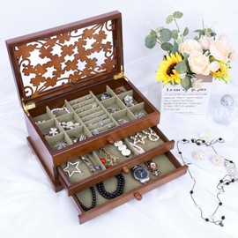 Kendal Wooden Jewelry Box for Women, Real Wooden Jewelry Holder Organizer Box with Four Leaf Clover Patterns, Graduation Gift Jewelry Boxes for Storage Earrings Rings Bracelet, Ideal Gift for Mom