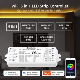 GIDERWEL Smart 5 in 1 WiFi LED Controller RGBWW for Strip Lights RGBCCT RGBW RGB CCT and 5 White Strips,Work with Alexa/Google Assistant,APP/Voice Control Color Change Dimming(Only WT5 Controller)
