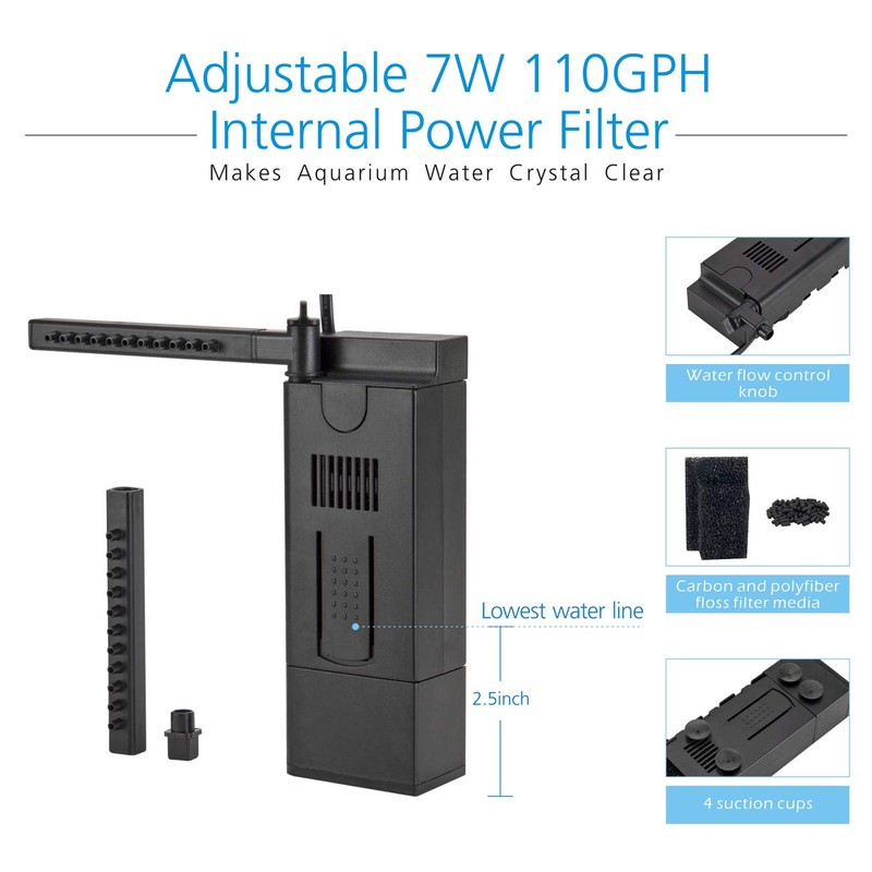 hygger 110GPH 7W Aquarium Power Filter Pump, Water Flow Adjustable,