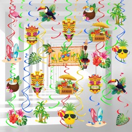 32pcs Aloha Party Decorations Hawaiian Luau Hanging Swirls Tropical Summer Tiki Party Decorations Flower Palm Flamingo Sign Foil Ceiling Hawaiian Decor Ect Beach Hawaiian Party Supplies