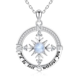 S925-Sterling-Silver Moonstone Compass Necklace-Engraved "I’d Be Lost Without You" Unique Spiritual Jewelry Graduation Christmas Birthday Gifts for Women