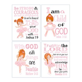 Pink Ballerinas with Red Hair Christian Nursery Decor Set of 4 Prints with Bible Verses