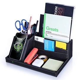 Desk Organizer with Charging Station, Multifunctional Desktop Organizer All in One Office Supplies and Desk Accessories Organizer with 4 Compartments and 1 Phone Stand for Home & Office -Black