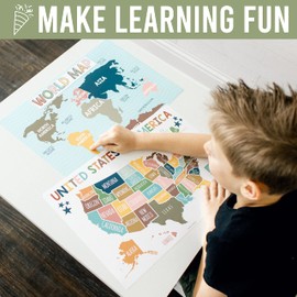 Hadley Designs 4 Alphabet, Map of United States, World Map, & Solar System Posters - Laminated ABC Charts for Toddlers Wall Decor, Boho Posters for Kindergarten, Prek Classroom or Homeschool 11x17