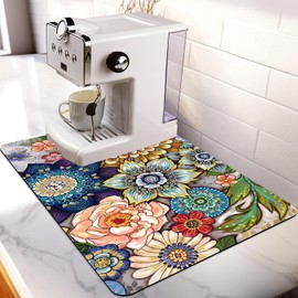 Dish Drying Mat For Kitchen Counter, 12"X20" Absorbent Coffee Bar Mat With Bohemian Abstract Colorful Flowers Dish Drainer Rack Mat For Kitchen Counter