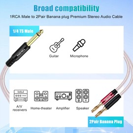 1/4 TS to Banana Plug Speaker Cable,6.35mm to Banana Plug Audio Cable,Gold-Plated OFC HiFi Speaker Wire for DJ Application, Mixer 2m