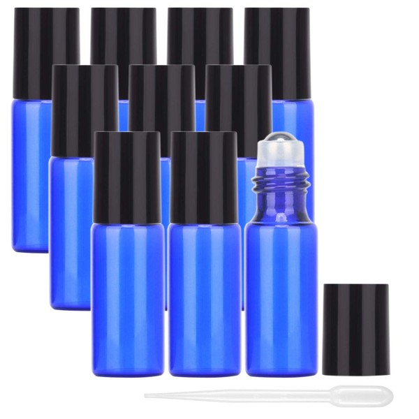 JamHooDirect 10 Pcs Mini Refillable Essential Oil Bottles Cobalt Blue Glass Roll-on Bottles with Stainless Steel Balls Including 12 Labels, 1 Pipette and Opener for Aromatherapy