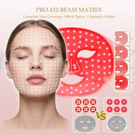 Terapia de Luz Roja Facial, Mascarilla LED Portátil con 7 Colores y 8 Modos, Luz Infrarroja 850nm y Azul Localizada para Acné, 432 LEDs Profesionales