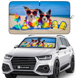 IC ICLOVER Windshield Sun Shade Funny for Car SUV Truck, 240T Polyester Blocks Heat and Sun, Foldable UV Ray Reflector Front Window Sun Shade Visor Shield Cover - 59inchx33inch (Dog with Glasses)