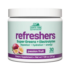 COUNTRY FARMS Refreshers, Super Greens and Electrolytes, Essential Minerals and Superfoods, Hydration Support, Promotes Natural Energy, with Fiber, Passion Fruit, 30 Servings