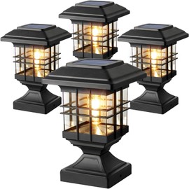 Lffital Solar Post Lights Outdoor Solar Cap Lights Deck Fence Cap for 4x4 5x5 6x6 Posts Patio Garden Courtyard Bright Decoration Fixture Waterproof Warm White Lighting Black (4Pack)