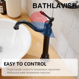 BATHLAVISH Vessel Sink Faucet Oil Rubbed Bronze Single Handle 1 Hole Bathroom Faucet 360° Swivel Deck Mount Lavatory Commercial Matching Pop Up Drain Without Overflow