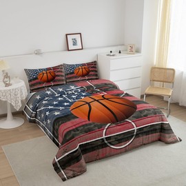Feelyou Basketball Bedding Set Basketball Sport Twin Size Comforter Set for Kids Boys Girls Teens Toddler American Flag Duvet Set Sports Theme Quilt Set 2Pcs