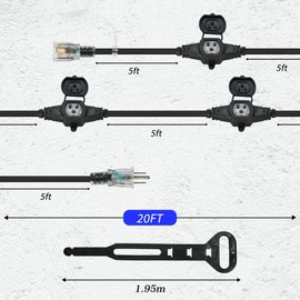 20FT 16 Gauge Multi-Outlet Outdoor Extension Cord, 4 Evenly Spaced Weatherproof Outlets, Great for Stage Backdrops, Landscape Garden Lighting, Christmas Decorations ETL