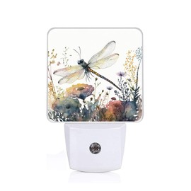 EMXION Watercolor Dragonfly Flowers Night Light,Plants Nightlight Plug into Wall,LED Lamp，Suitable for Bedrooms,Kitchens,Toilets,Etc.Auto Sensor Dusk to Dawn,Energy-Saving