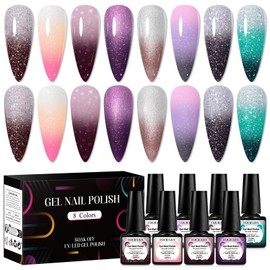 Four Lily Color Changing Gel Nail Polish Kit, 8 Colors Glitter Pink Purple Gold Grey Green Temperature Mood Changed Gel Polish Thermal Nail Art Set