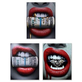 Red Lips Photos- Set of 3 (8 inches x 10 inches) Poster Prints - Diamond Money Gold