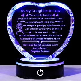 YWHL Daughter in Law Birthday Gifts with Colorful LED Base to My Daughter in Law Heart Crystal Keepsakes Gift on Christmas Valentine Wedding Day Mothers' Day Anniversary Bonus Daughter Presents