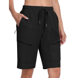MoFiz Hiking Shorts Womens Quick Dry Lightweight Long Hiking Shorts for Women Knee Length for Camping Travel Golf with Zipper Pockets Black Small