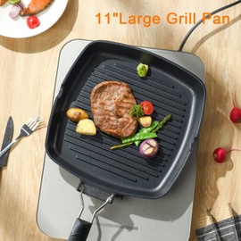 S·KITCHN Grill Pan with Folding Handle, Nonstick Grilling Pan for Stove Tops, Induction Compatible Square BBQ Pan with Pour Spouts - 11 in