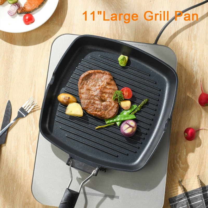 S·KITCHN Grill Pan with Folding Handle, Nonstick Grilling Pan for