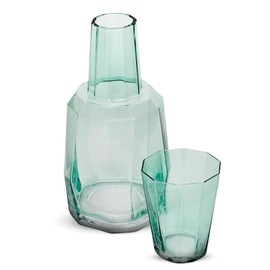 Bruno Magli Green Geo Carafe | 2-Pc Set | Drinking Glass Tumbler Doubles as a Lid | Elegant Nightstand Water Pitcher with Matching Cup for Office, Home, & Guest Room Décor | Gift Boxed | 37.2-Oz