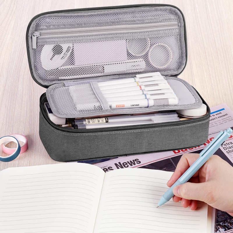 WEMATE Pencil Case, 5 Compartments, Large Capacity, gray