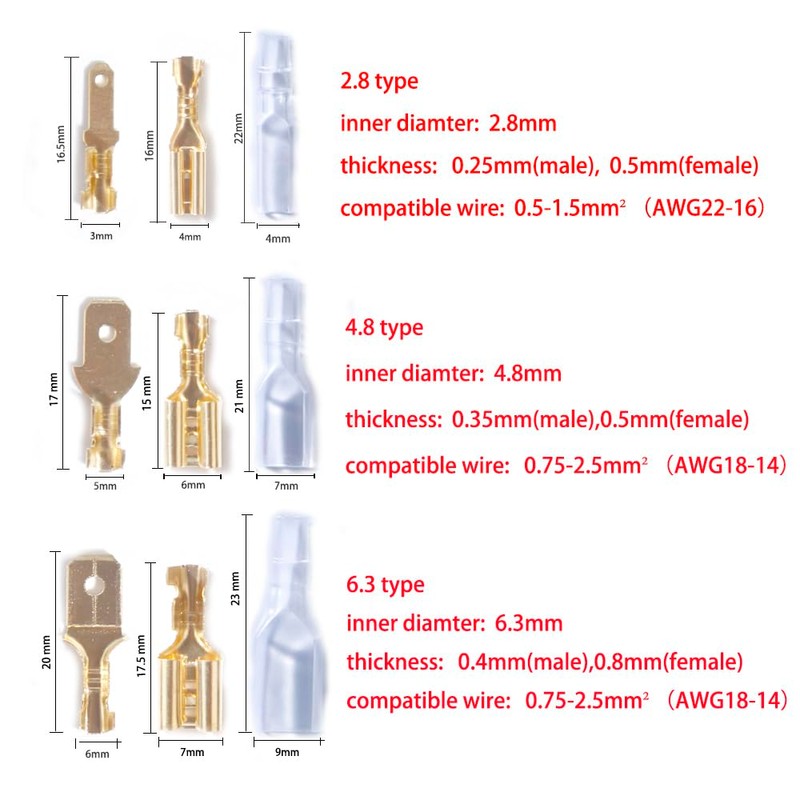 aikoolwer 450Pcs 2.8mm 4.8mm 6.3mm Male Female Spade Connectors Kit